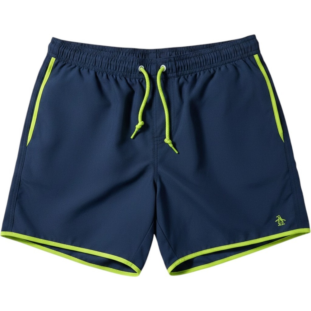 Original Penguin Mens Navy Blue Lime Green Trim Swim Trunks Board Shorts Size 29